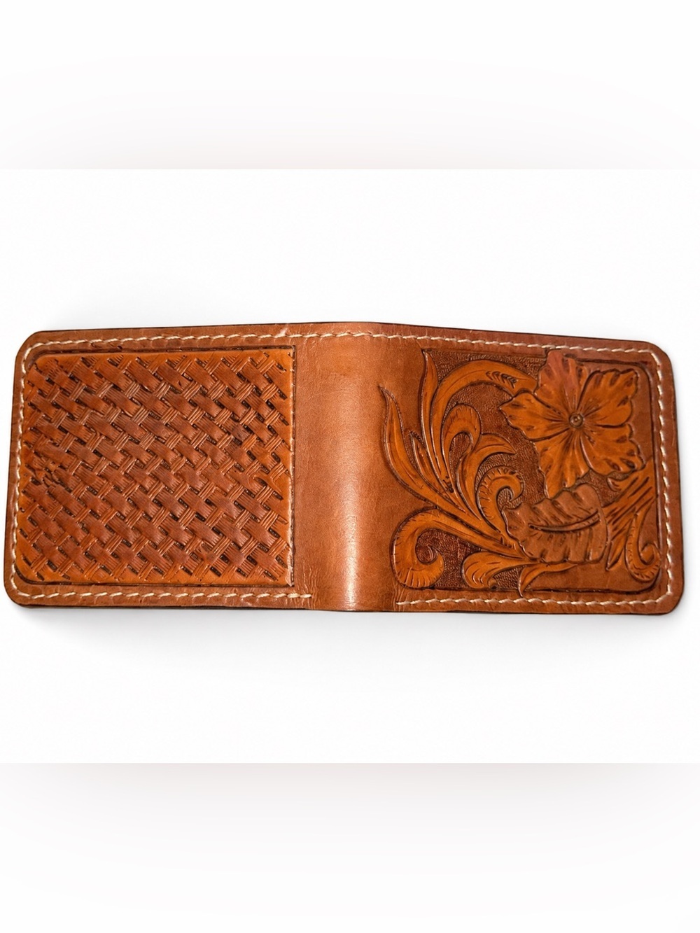 Hand-Tooled Leather Bifold Wallet Basketweave Design Brown floral